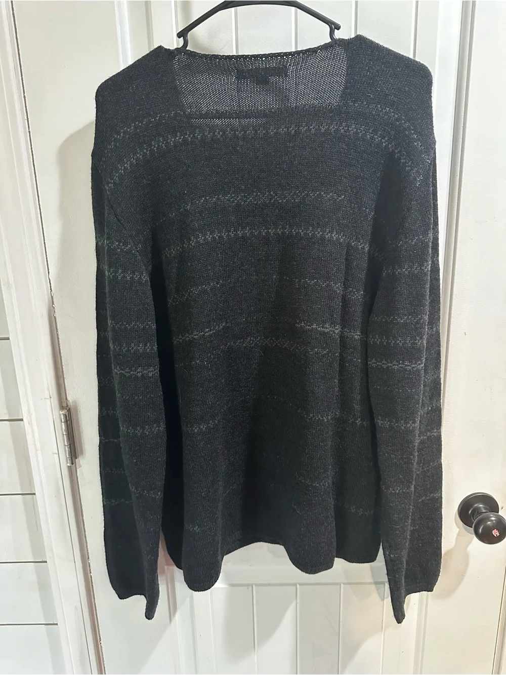 John Varvatos Black Crewneck Sweater with Subtle Stripe Texture 100% merino wool